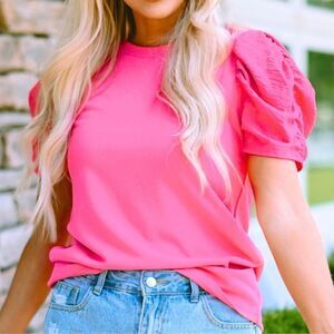 Pink Puff Sleeve Ribbed T-Shirt